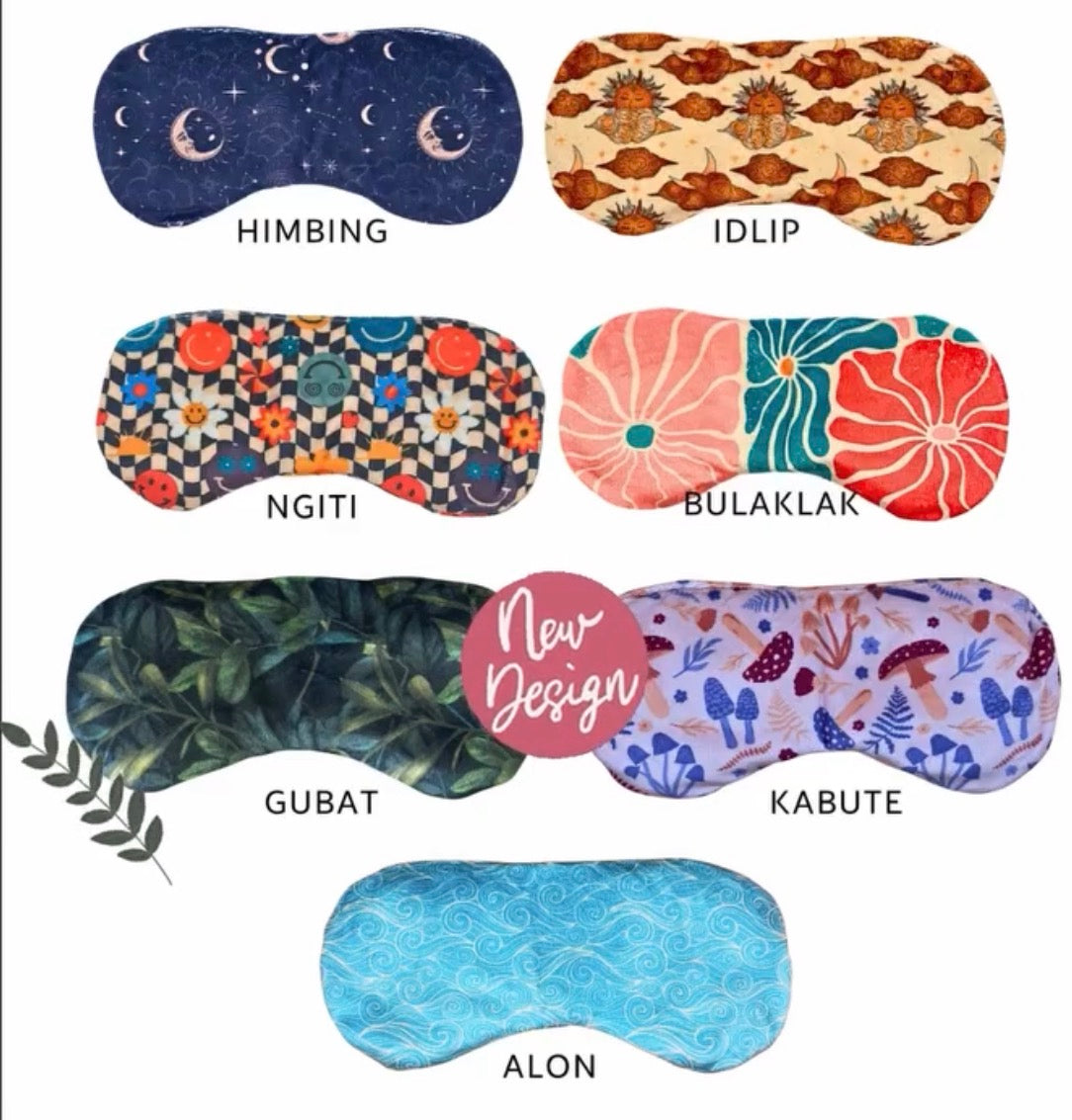 Seven Yakap eye pillow print designs: Himbing, Idlip, Ngiti, Bulaklak, Gubat, Kabute, and Alon.