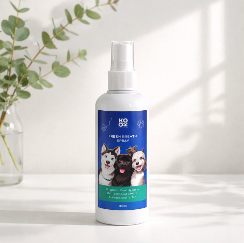 Koko fresh breath spray bottle with dog illustrations on a white surface with a plant in the background
