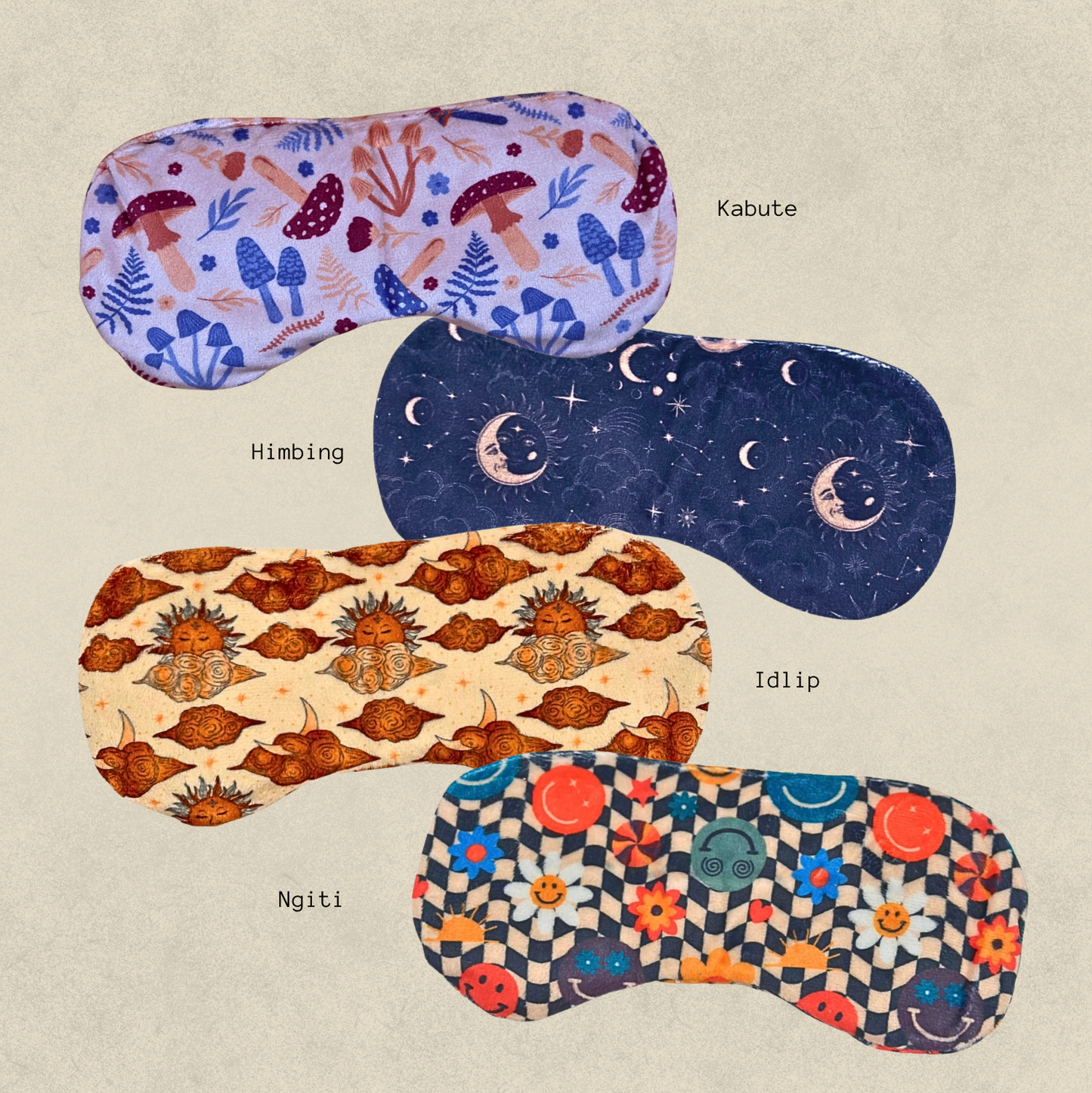 Four patterned eye masks labeled 'Kabute', 'Himbing', 'Idlip', and 'Ngiti' on a beige background.